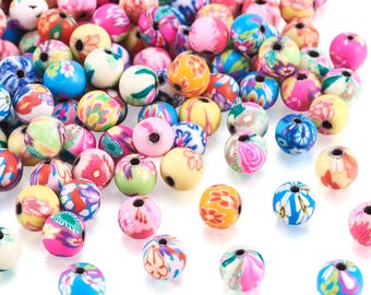200pcs 0.3 Inch Assorted Colorful Polymer Clay Round Beads Bubblegum Ball Beads Charms Flower Printed for Jewelry Makings 8mm| 5/16 Inch