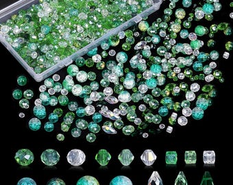 1000pcs Green Glass Beads for Jewelry Making, Assorted Shapes Craft Crystal Beads