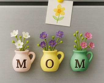 Hand-Painted Ceramic \"MOM\" Vase Magnets – Pastel Flower Decor for Fridge