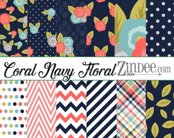 Coral navy floral vinyl, printed vinyl, adhesive vinyl, heat transfer vinyl, pattern heat transfer, printed HTV or ADHESIVE, iron on