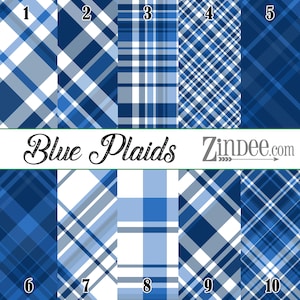 May include: A collection of ten blue plaid patterns in various designs. The patterns include different arrangements of intersecting lines in shades of blue and white. The text "Blue Plaids" is displayed in a cursive font, with the website "Zindee.com" below.