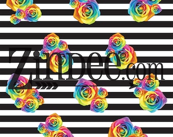 Black White Stripe Colorful Roses, printed vinyl, adhesive vinyl, heat transfer vinyl, pattern heat transfer, printed HTVorADHESIVE, iron on