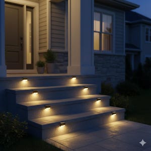 May include: Outdoor staircase with built-in lights. The steps are made of gray stone, and each step has a small, rectangular light fixture emitting a warm, inviting glow. The lights are evenly spaced, illuminating the path leading to the front door of a house.