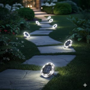 May include: A nighttime outdoor scene features a stone pathway illuminated by several solar-powered, circular lights. The lights have a silver rim and a grid of solar panels. The lights are placed along the path and in the surrounding grass, creating a soft glow.