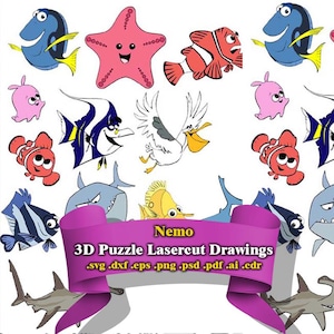 Può includere: Illustrazione colorata di creature marine dei cartoni animati, tra cui pesci, una stella marina e un pellicano. Un banner recita "Nemo 3D Puzzle Lasercut Drawings" con estensioni di formato file. Per progetti di taglio laser.