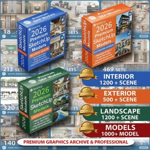Puede incluir: Imagen de tres cajas "2026 Premium SketchUp Models" para diseño de interiores, exteriores y paisajes. Cada caja presenta representaciones arquitectónicas y el texto "Premium Models, 4K Textures, Unlimited Access, Unlimited Downloads".