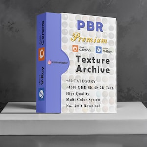 May include: A product box with the text "PBR Premium Texture Archive" in a modern design. The box is white with a blue side panel and includes logos for Corona and V-Ray. The text indicates a high-quality, multi-color system with no download limits.