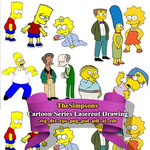 Può includere: Una collezione di personaggi dei cartoni animati dei Simpson in varie pose. L'immagine include Bart, Lisa, Homer, Marge, Maggie, Mr. Burns e altri. Il testo su uno striscione recita "The Simpsons Cartoon Series Lasercut Drawing."