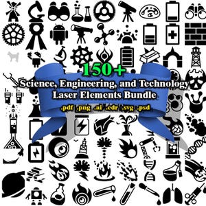 May include: A collection of over 150 black and white science, engineering, and technology laser elements. The image includes icons of scientific instruments, gears, batteries, and other related symbols. A blue banner displays the text "Science, Engineering, and Technology Laser Elements Bundle."