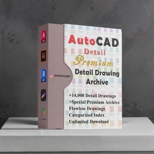 May include: A product box for AutoCAD Detail Premium Detail Drawing Archive. The box is white with red and gold text. The box includes the text "+14,000 Detail Drawings" and "Unlimited Download". The box is on a white surface.