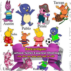 Puede incluir: Una colección de personajes de dibujos animados de Backyardigans en varias poses. Los personajes incluyen a Austin, Pablo, Pirate, Tarzan, Tasha, Uniqua y Running. La imagen incluye el texto "Backyardigans Cartoon Series Lasercut Drawing."