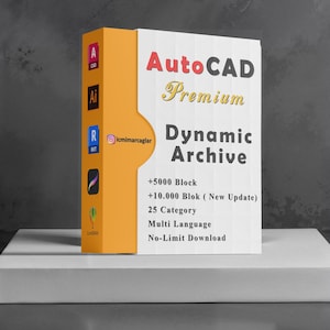 Puede incluir: Una caja blanca y naranja con el texto "AutoCAD Premium Dynamic Archive". La caja incluye el texto "+5000 Block", "+10.000 Blok (New Update)", "25 Category", "Multi Language" y "No-Limit Download".
