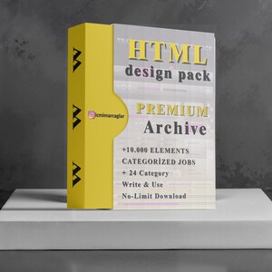 May include: A yellow and white HTML design pack box with the text "HTML design pack" and "PREMIUM Archive". The box includes the text "+10.000 ELEMENTS" and "CATEGORIZED JOBS".