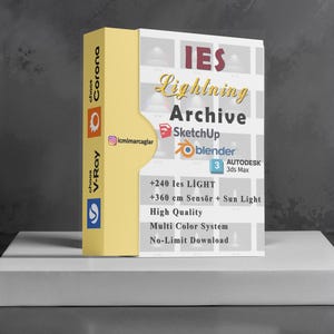 Puede incluir: Una caja de producto con el texto "IES Lightning Archive" y logotipos de software para SketchUp, Blender y 3ds Max. La caja también enumera características como +240 Ies LIGHT y +360 cm Sensor + Sun Light.