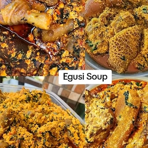 Puede incluir: Un collage de cuatro imágenes que muestran sopa Egusi, un plato de África Occidental. La sopa es de un color amarillo-naranja vibrante, con ingredientes visibles como carne y hojas verdes. El texto "Egusi Soup" se muestra.