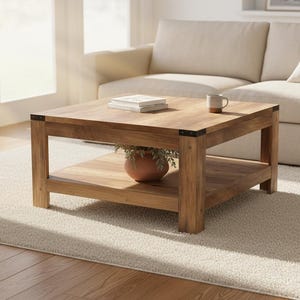 May include: A square wooden coffee table with a lower shelf, a plant, and a mug on top. The table is made of light brown wood and has black corner accents. A beige sofa and rug are in the background.