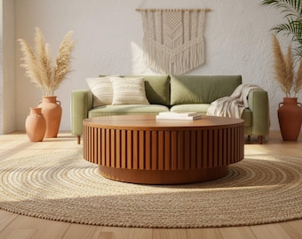 Round Farmhouse Coffee Table, Hidden Storage, Lattice Door, Rustic Wood Living Room Furniture