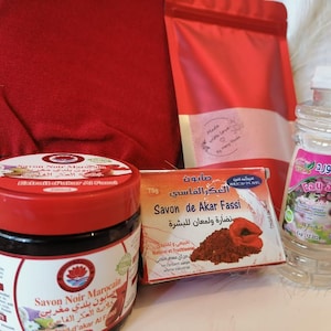 Moroccan Hammam Aker Fassi Beauty Set – Black Soap, Clay Scrub, Rose Water