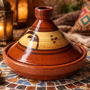 Peut inclure: Un tajine en céramique marron avec un couvercle conique, orné d'un motif jaune et marron. Le pot repose sur une surface en mosaïque, avec des bols d'olives et d'épices à proximité. Des lanternes et un coussin à motifs sont en arrière-plan.