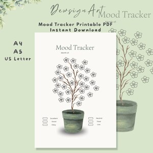 May include: A printable mood tracker PDF featuring a central potted tree illustration with numerous flower-shaped outlines for daily tracking. The page includes the text Mood Tracker, Month of, and labels for Excellent, Good, Okay, Neutral, Tired, and Low.