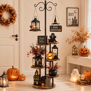 5 Tier Halloween Plant Stand, Indoor Outdoor Plant Shelf, Multi Level Flower Pot Holder, Spooky Witchy Gothic Decor, Fall Pumpkin Display