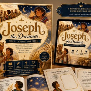 May include: A Bible lesson set for kids, featuring the story of Joseph. The set includes a book, a tablet display, and activity sheets. The cover art features illustrations of Joseph and other biblical figures, with the title "Joseph the Dreamer".