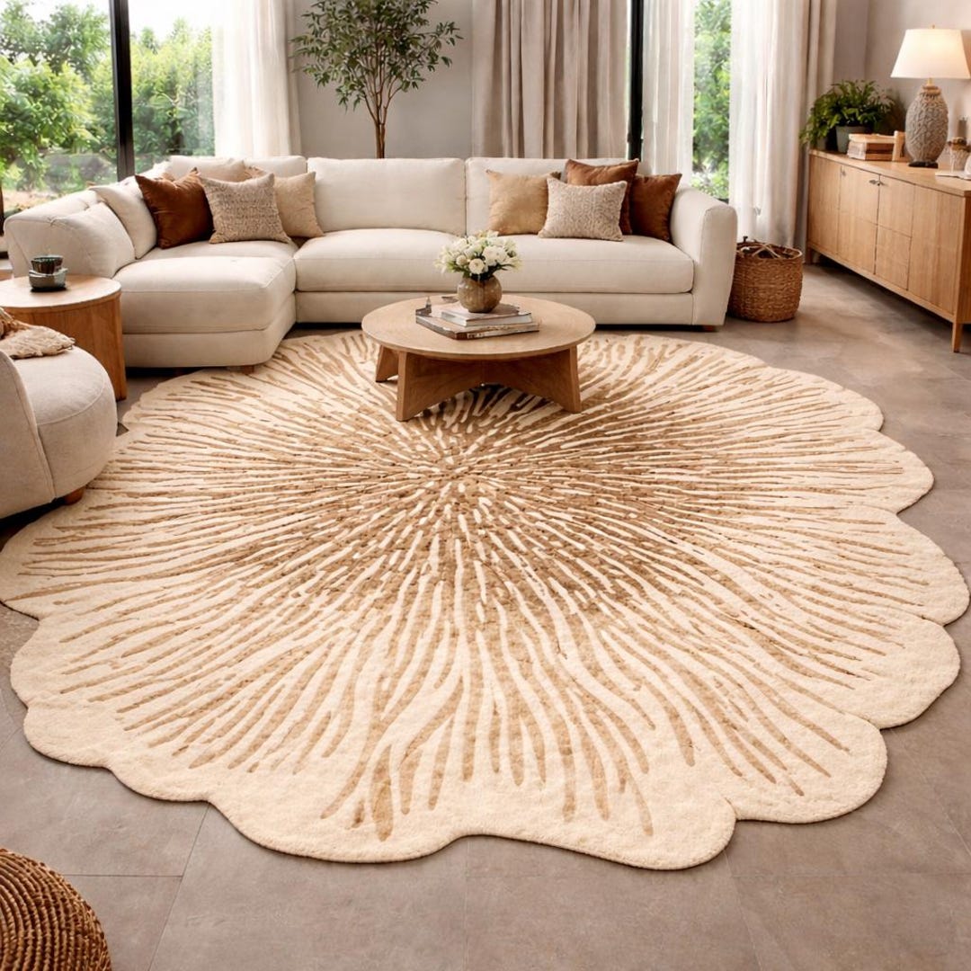 Hand Tufted Round Floral Rug, Beige Neutral Wool Area Rug, Modern ...