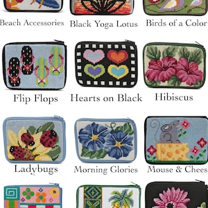 May include: A collection of twenty-six rectangular zippered pouches featuring various needlepoint designs including floral, animal, and geometric patterns. The text Choose Your Design is centered at the top, with individual labels below each pouch.
