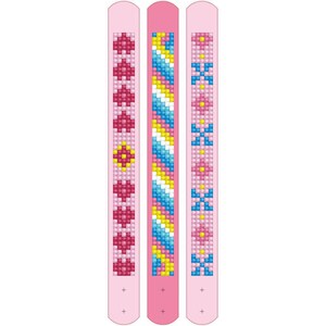 May include: Three pink plastic bracelets with different colorful patterns. The patterns include pink, blue, yellow, and white.