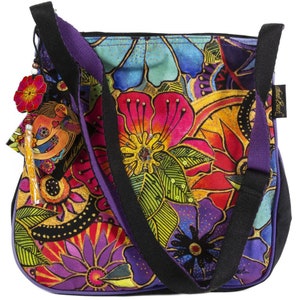 Laurel Burch Crossbody Bag with Bright Floral Print, Features Accent Beads & Sequins, Adjustable Cross Body Strap with Metal Buckle