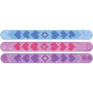 May include: Three colorful bracelets with a beaded design. The bracelets are blue, pink, and purple with a geometric pattern.