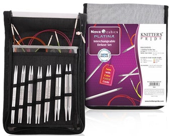 Nova Cubics Platina Interchangeable Knitting Needles Deluxe Set by Knitter's Pride, Nickel Plated Square Needles & Cable Set