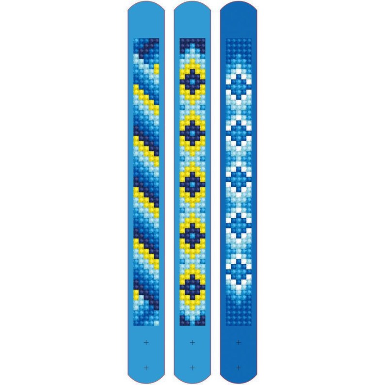 May include: Three blue and yellow patterned bracelets. Each bracelet has a different pattern. The bracelets are made of small beads.