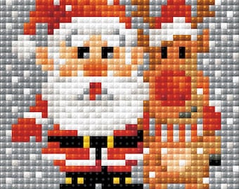 May include: A pixel art illustration of Santa Claus with a white beard and a red hat, standing next to a reindeer with brown antlers and a red hat. The background is a light gray.