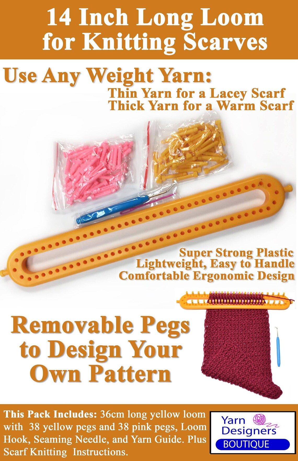 Long Knitting Loom Knitting Board with Removable Pegs like Etsy