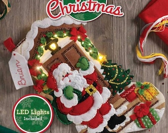 DIY Christmas Stocking Kit - Light Up Christmas Decorations - Holiday Crafts Felting Kit - Santa is Here - 18 Inches Felt Stocking Kit