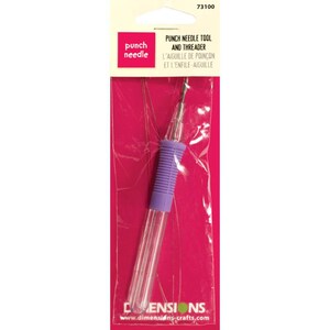 May include: A clear plastic punch needle tool with a purple handle. The tool is packaged on a pink background with the text "Punch Needle Tool and Threader" and "L'aiguille de poinçon et l'enfile-aiguille".