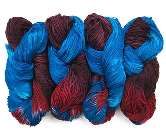 Hand Dyed Yarn 100% Superwash Merino Worsted Yarn - New Maui Nights - Dark Red Burgunday with Bright Blue Teal - 220 Yards