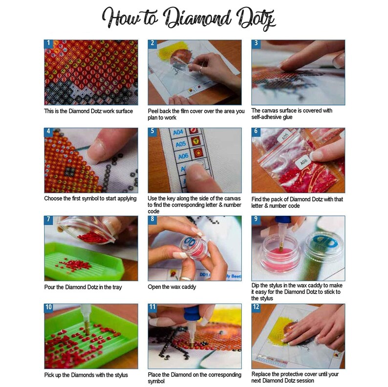 May include: A 12-step guide on how to use Diamond Dotz to create a mosaic art project. The steps include peeling back the film, choosing a symbol, finding the corresponding diamond pack, pouring the diamonds into a tray, dipping the stylus in wax, and placing the diamonds on the canvas.