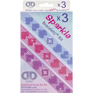 May include: A Diamond Dotz Sparkle Bracelets kit with three different designs. The bracelets feature pink, purple, and blue flowers. The kit includes everything you need to create your own bracelets, including beads, thread, and instructions. The finished size of each bracelet is 2.5 inches by 9 inches.