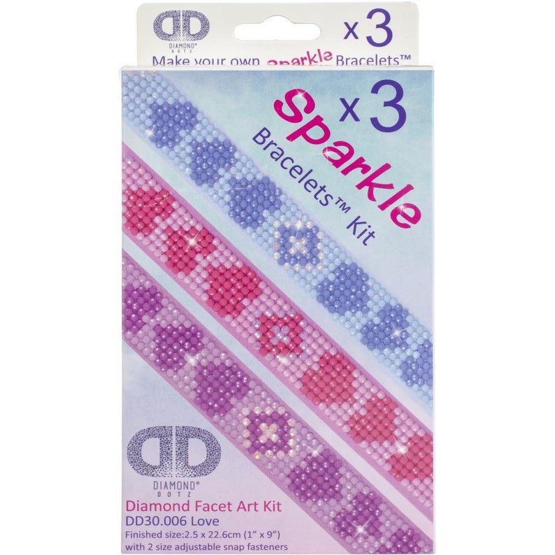 May include: A Diamond Dotz Sparkle Bracelets kit with three different designs. The bracelets feature pink, purple, and blue flowers. The kit includes everything you need to create your own bracelets, including beads, thread, and instructions. The finished size of each bracelet is 2.5 inches by 9 inches.