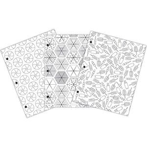 May include: Four black and white patterned sheets of paper with holes punched in the top left corner. The patterns include a circle with a star inside, a honeycomb pattern, and a pattern of popsicles.