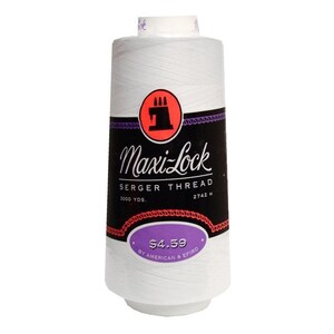 May include: A white spool of Maxi-Lock Serger Thread, 2000 yards, 2742, $4.59 by American & Fried.