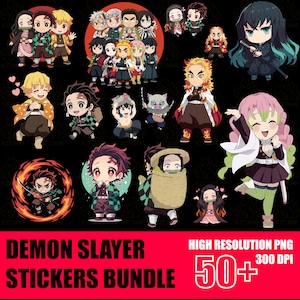 Puede incluir: Un conjunto de pegatinas coloridas de Demon Slayer con varios personajes en estilo chibi. Las pegatinas están sobre un fondo negro, con texto en la parte inferior que dice "Demon Slayer Stickers Bundle" y "High Resolution PNG 300 DPI 50+".