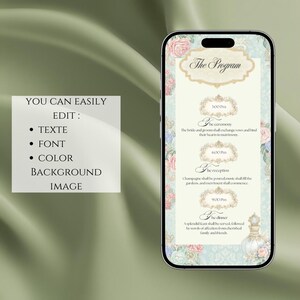 May include: A smartphone displays a wedding program with floral and gold accents. The program includes text for the ceremony, reception, and dinner. The phone is set against a green background with text that says "You can easily edit: TEXTE, FONT, COLOR, BACKGROUND, IMAGE."
