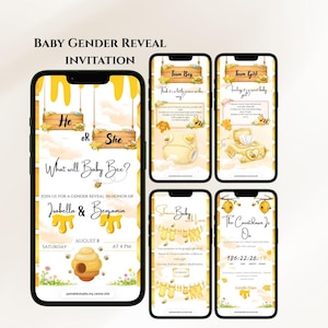 May include: A digital invitation for a baby gender reveal, featuring a bee theme. The design includes the text "He or She? What will Baby Bee?" and details for the event, including the names of the parents, date, and time. Several mobile phone screens are displayed.