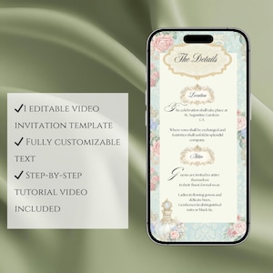 May include: A smartphone displays a wedding invitation template with floral and ornate design elements. The invitation details are displayed on the screen, with text that reads "The Details", "Location", and "Attire". A separate card lists features like "Editable Video" and "Fully Customizable Text".