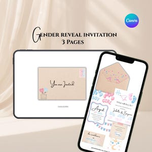 Könnte beinhalten: Eine digitale Gender-Reveal-Einladung, die auf einem Tablet und einem Smartphone angezeigt wird. Die Einladung zeigt einen beigen Umschlag mit dem Text "You are Invited" und mehrere Seiten mit rosa und blauen Akzenten. Das Canva-Logo ist sichtbar.