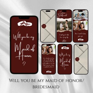 May include: A collection of phone cases with various designs. Some cases feature the text "Will you be my Maid of Honor?" and "Dear Bestfriend". Other cases display photos and text related to weddings and proposals.