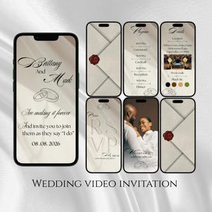 Op de afbeelding: Een trouwvideo-uitnodiging weergegeven op verschillende smartphones. Het hoofdscherm leest "Brittany and Mark" met trouwringen en de datum 08.08.2026. Andere schermen tonen het programma, details, RSVP en een foto van het paar. De tekst "Wedding Video Invitation" staat onderaan.